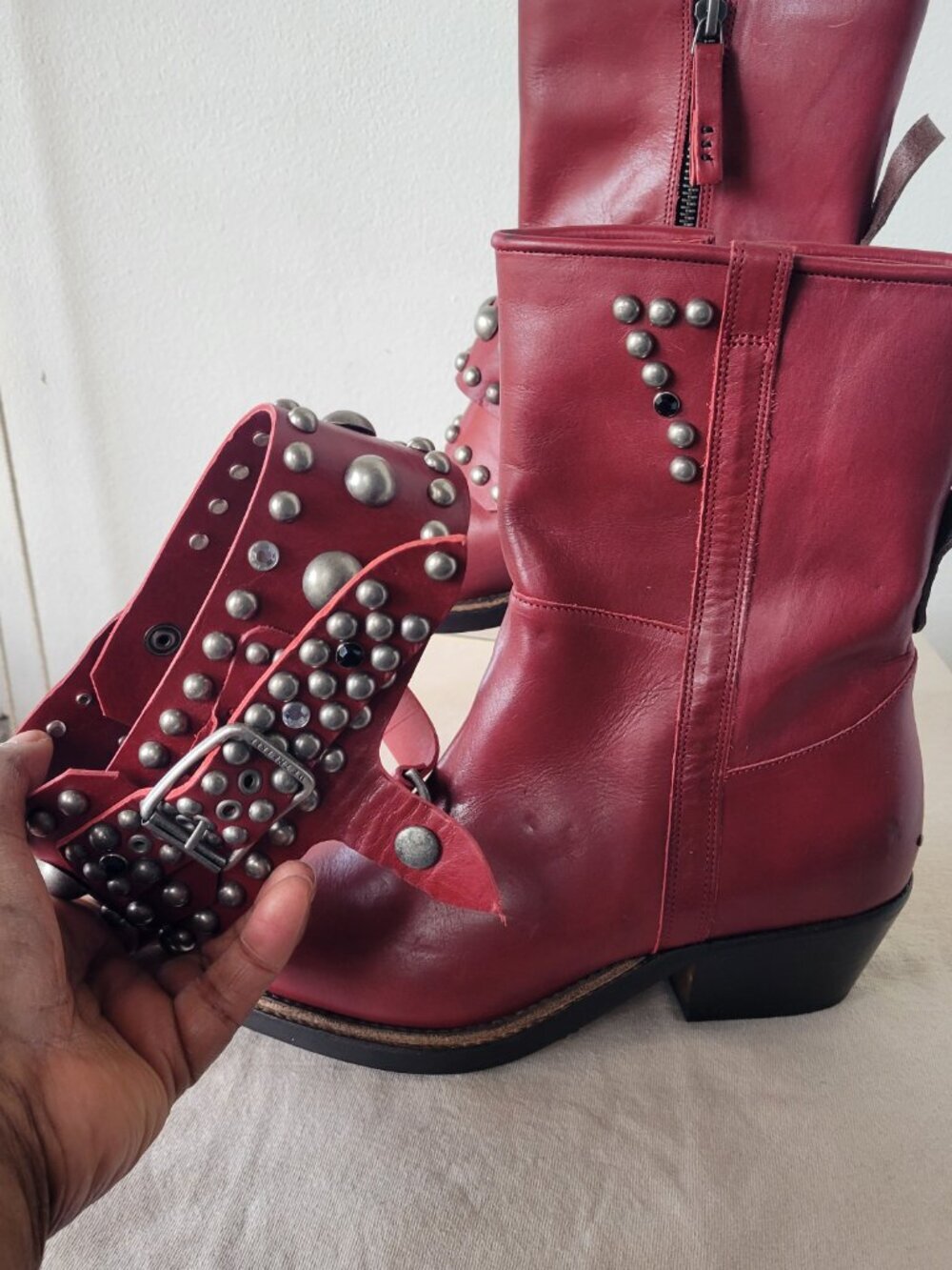 Free People We The Free Axel Studded Harness Leather Boots Red Size 9 NWOB - Picture 6 of 15